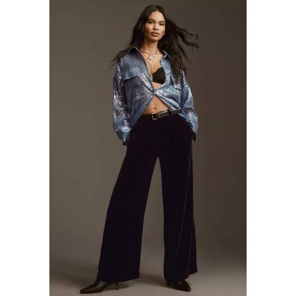 Anthropologie PILCRO Long-Sleeve Oversized Sequin Buttondown Blue Button Up XS - Picture 5 of 16